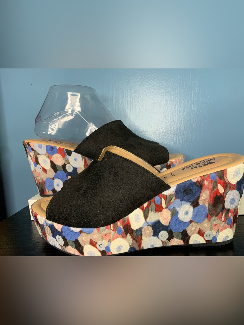 Spring Step Black Open-Toe Suede Mule Wedges